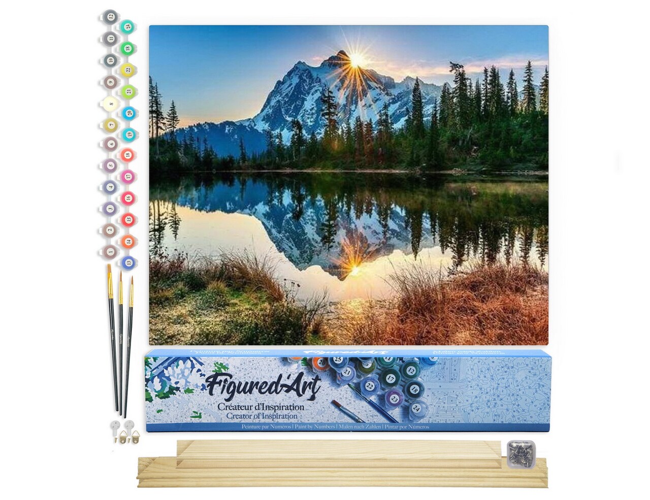 Figured'Art Paint by Numbers for Adults Lake and Mountain reflection 16"x20" - Craft Art Painting Rolled Canvas with DIY wooden frame